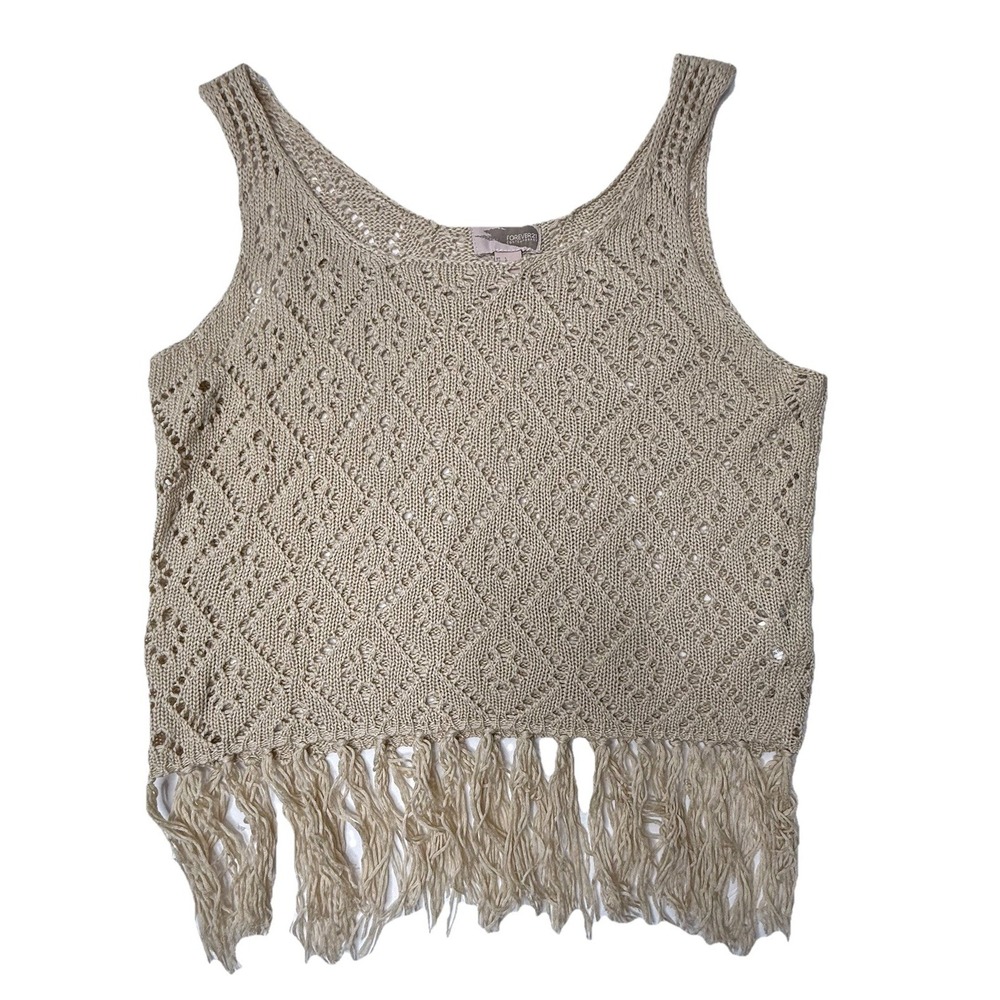 Forever 21 Tank Top Crochet Fringe Cream Boho Festival Hippie Indie Women Size L